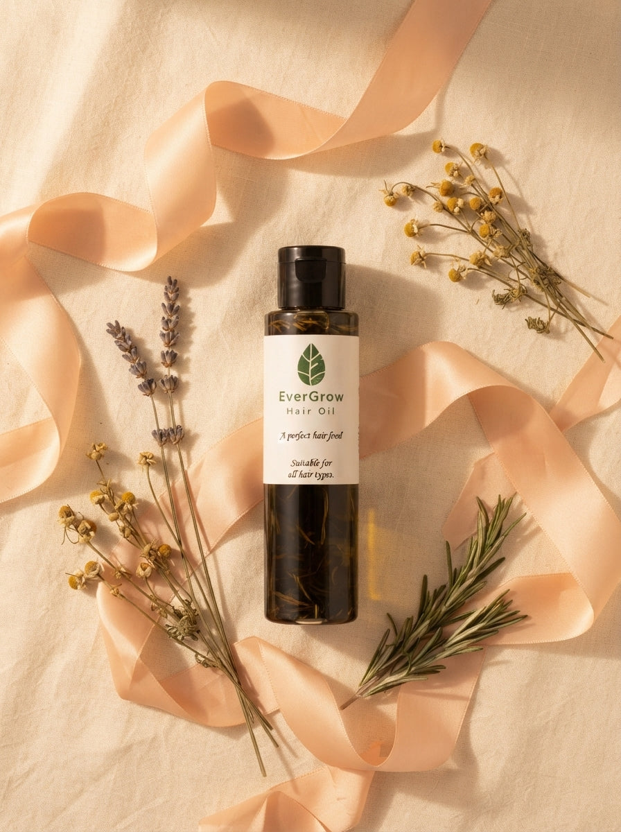 EverGrow Hair Oil bottle displayed on a cream linen surface with silk ribbons and dried botanicals in warm lighting.