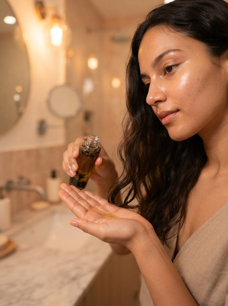 A woman applying hair oil in a bathroom during her evening self-care routine.